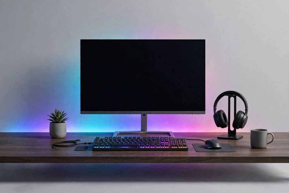 RGB LED strip lights glowing behind a desk setup — illustrative photo