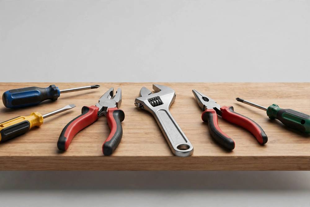DIY hand tools laid out on a workbench — illustrative photo