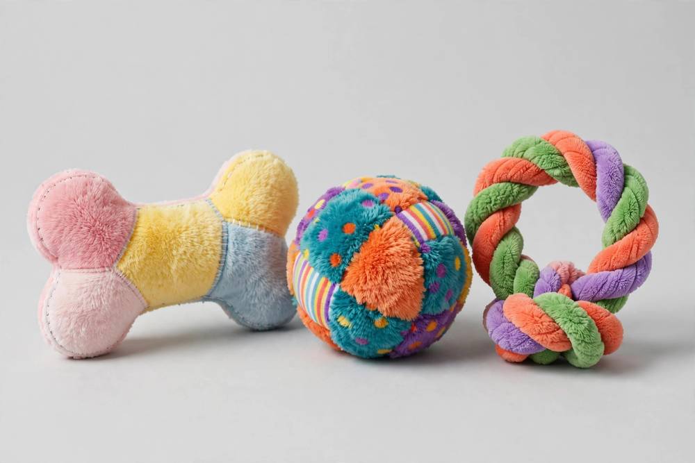 Colorful plush dog toys — illustrative photo