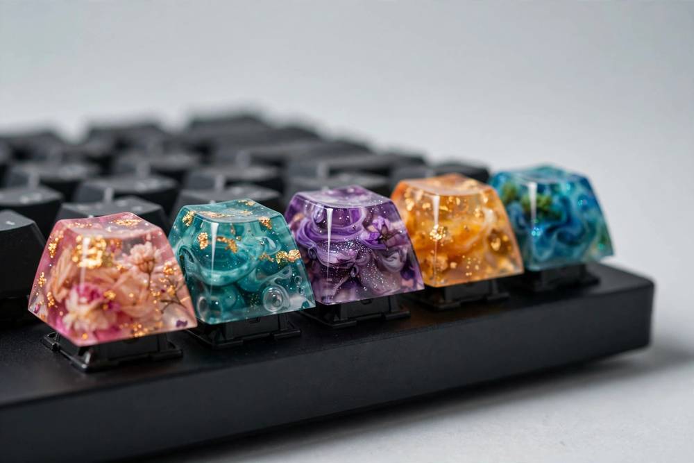 Artisan resin keycaps on a mechanical keyboard — illustrative photo