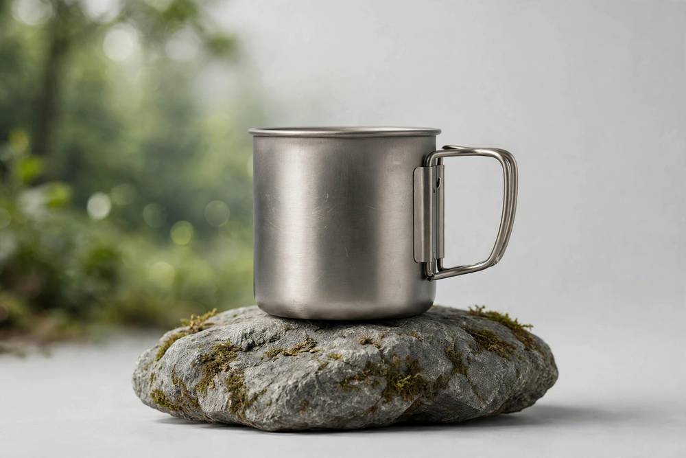 Titanium camping cup outdoors — illustrative photo