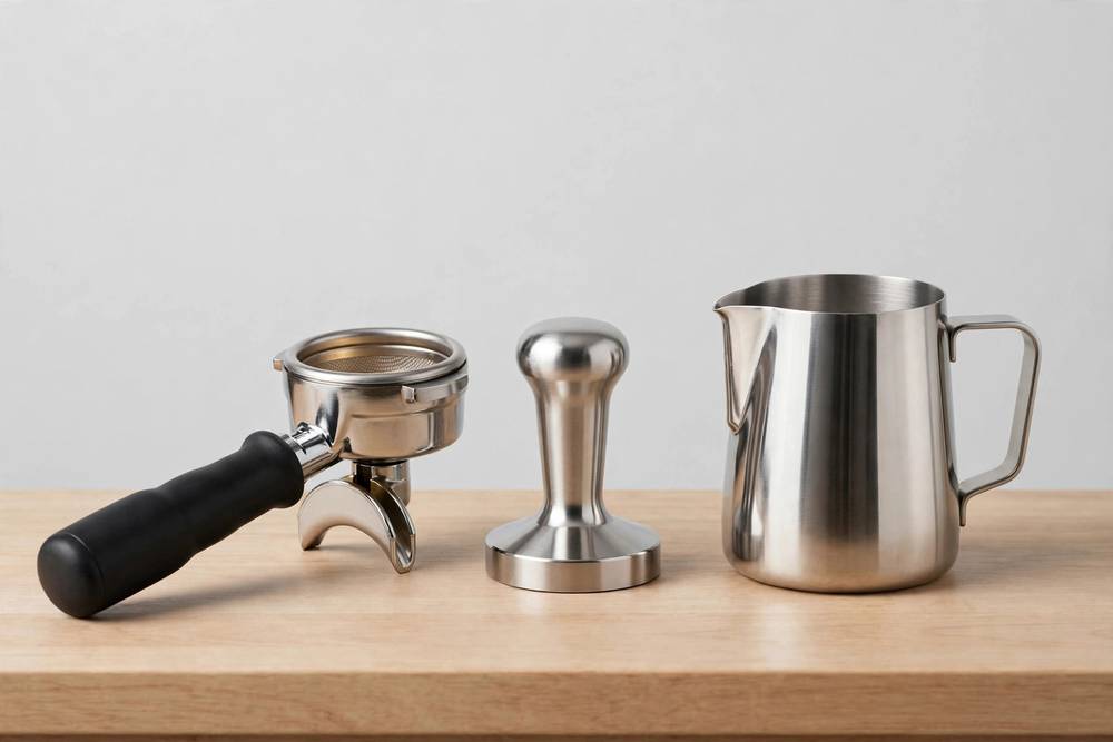 Espresso barista tools on a counter — illustrative photo
