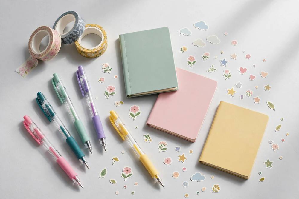 Colorful stationery flat lay — illustrative photo