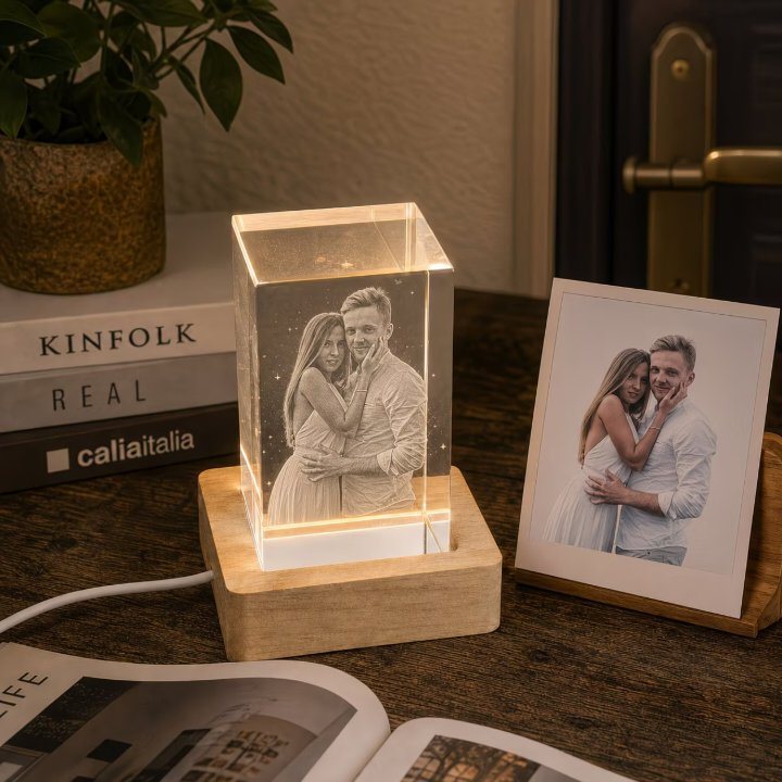 3D crystal photo block with LED base, next to the original photo