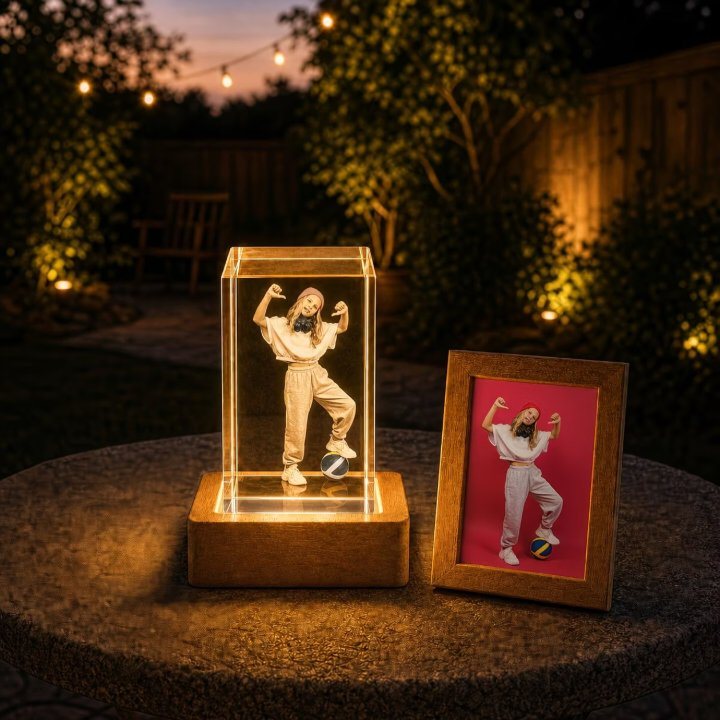 Full-colour 3D crystal photo on an LED base